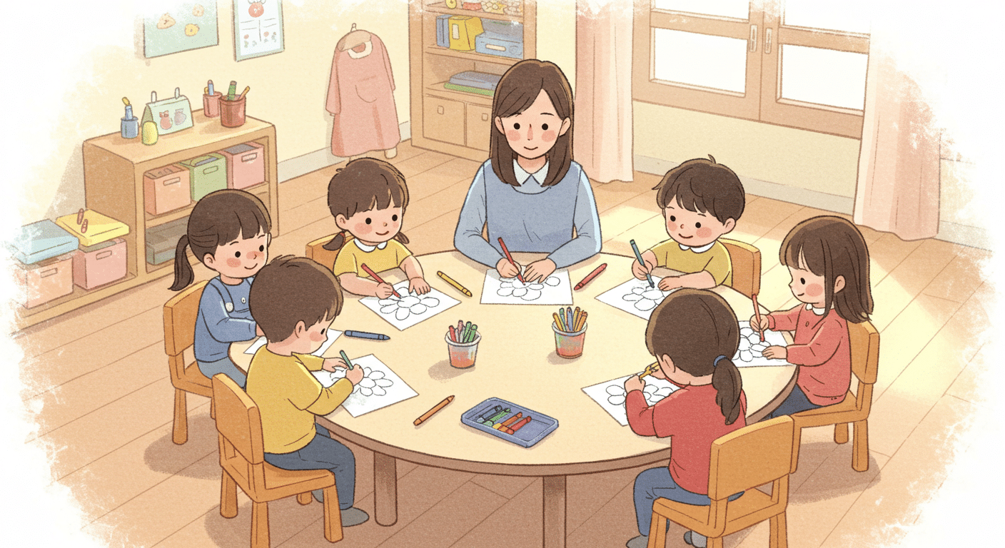 A teacher sits at a round table with young children, helping them color flower drawings using crayons in a warm and cheerful classroom.