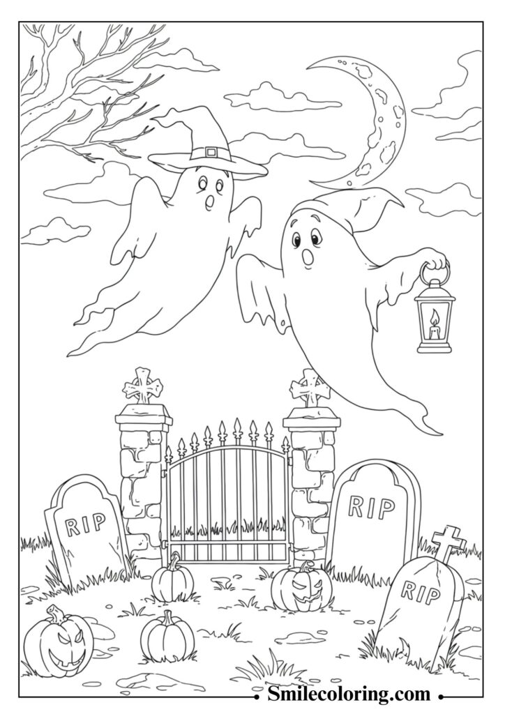 Cute Ghosts in a Graveyard