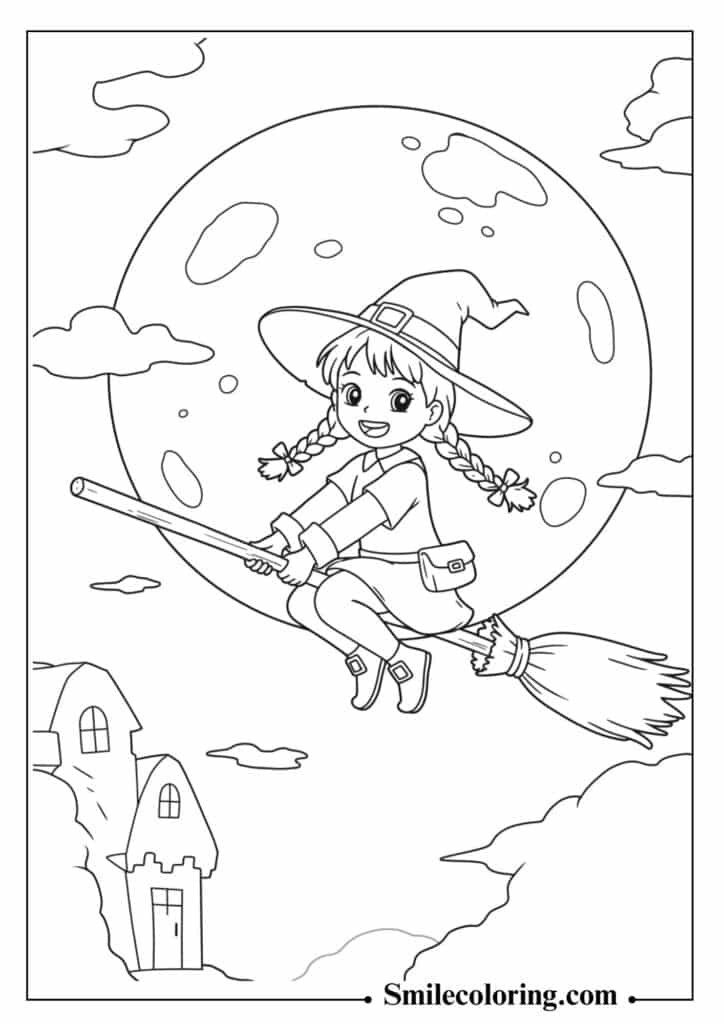 Cute Young Witch Flying on a Broomstick