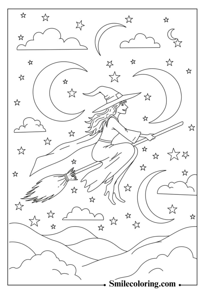 Flying Witch Silhouette with Stars