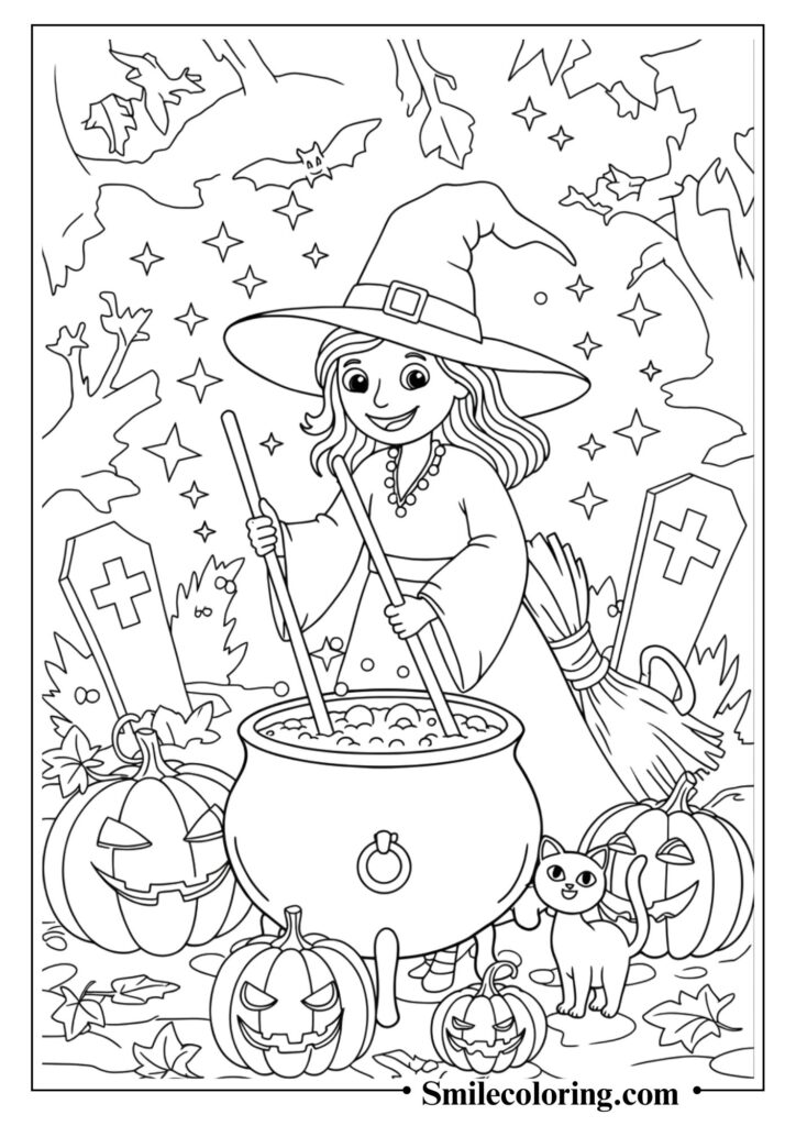 Friendly Witch Stirring a Cauldron
