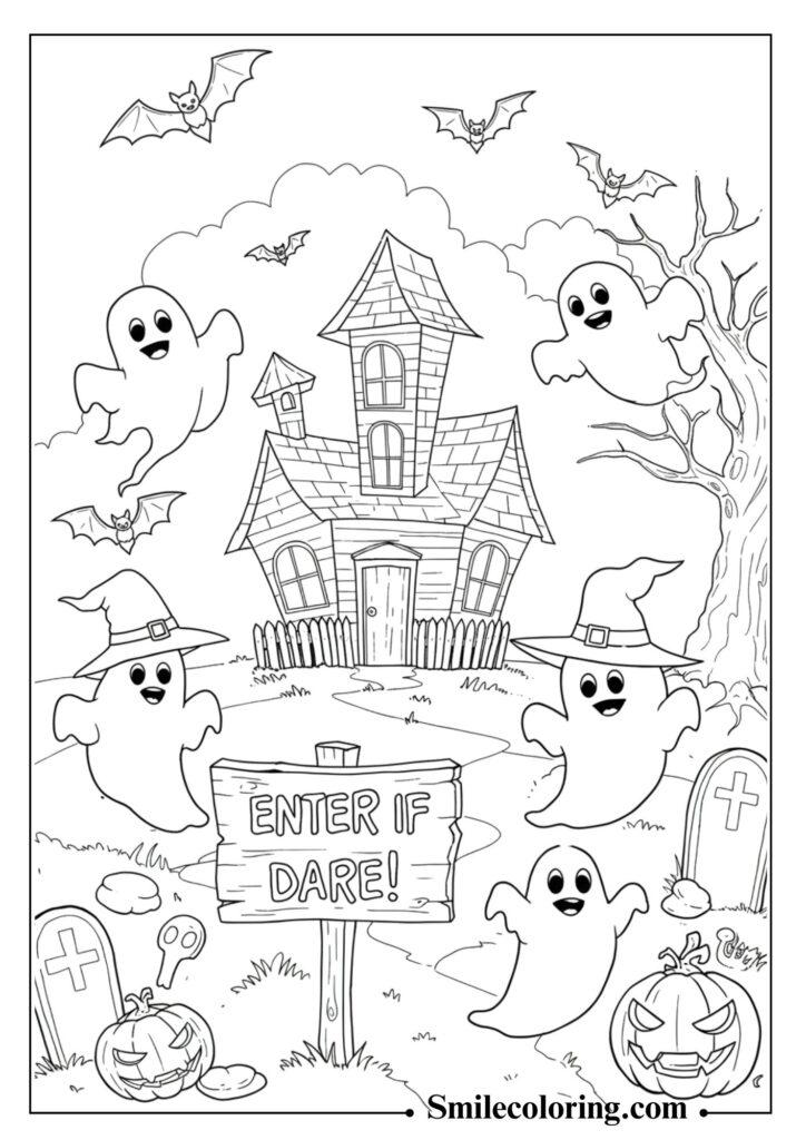 Ghosts and Bats Around Haunted House