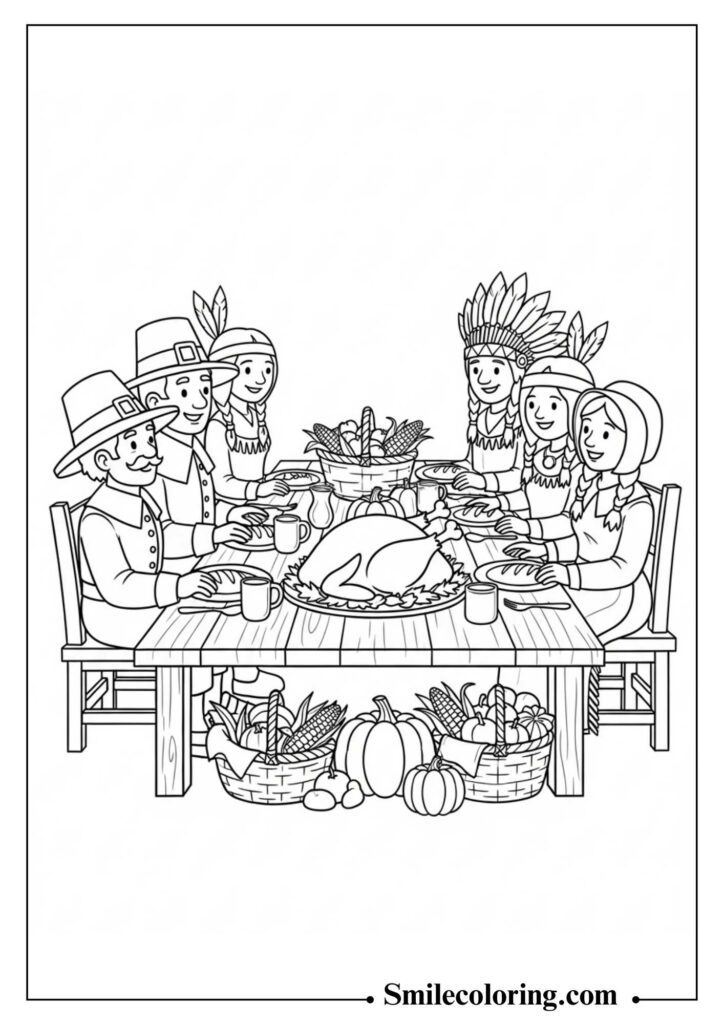 Pilgrims and Native Americans Sharing a Meal
