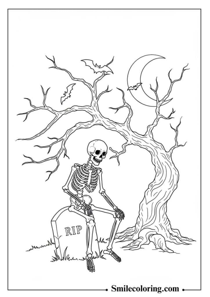 Skeleton Sitting on a Tombstone