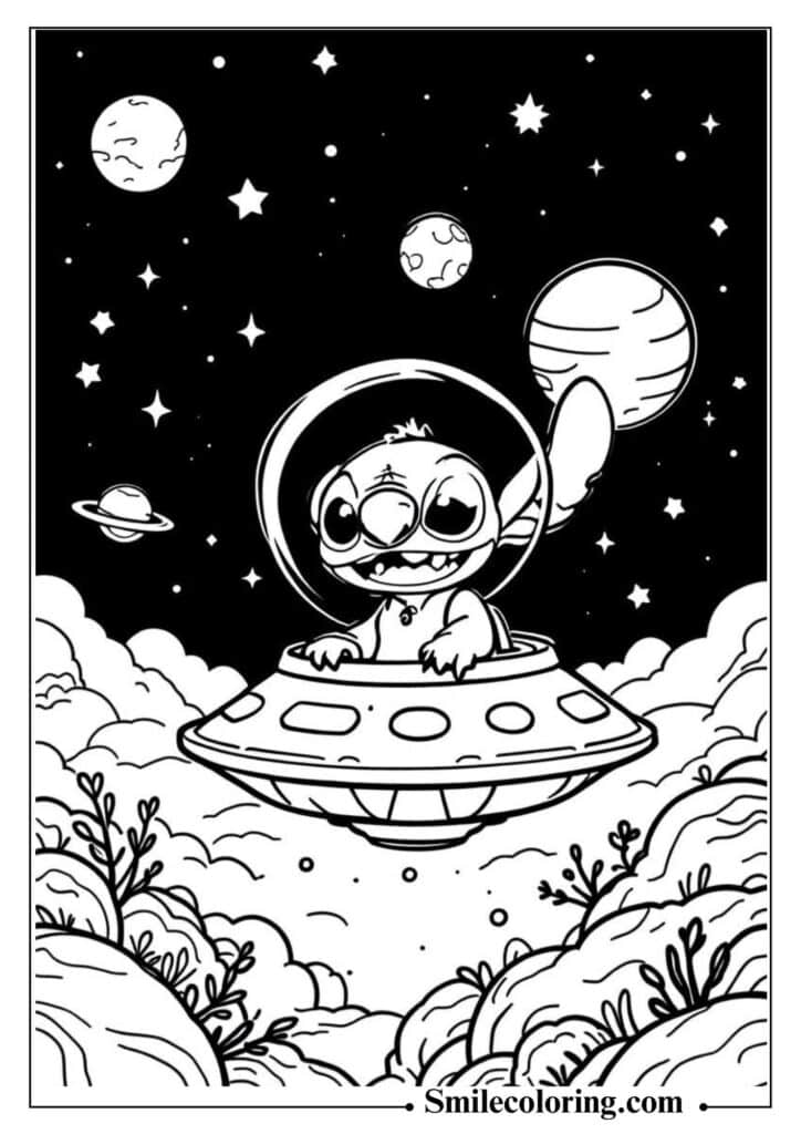 Stitch Flying a UFO