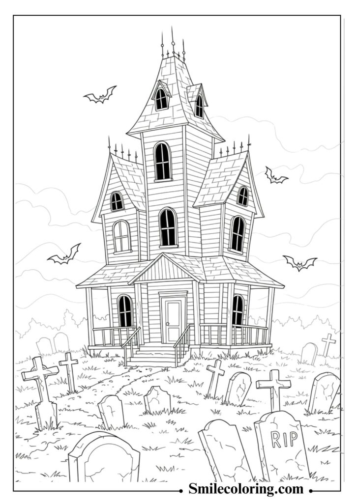 Victorian Haunted House with Graveyard