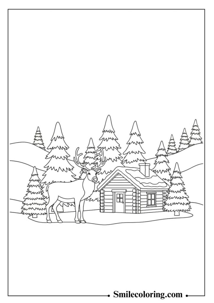 Winter Scene with Reindeer and Cabin