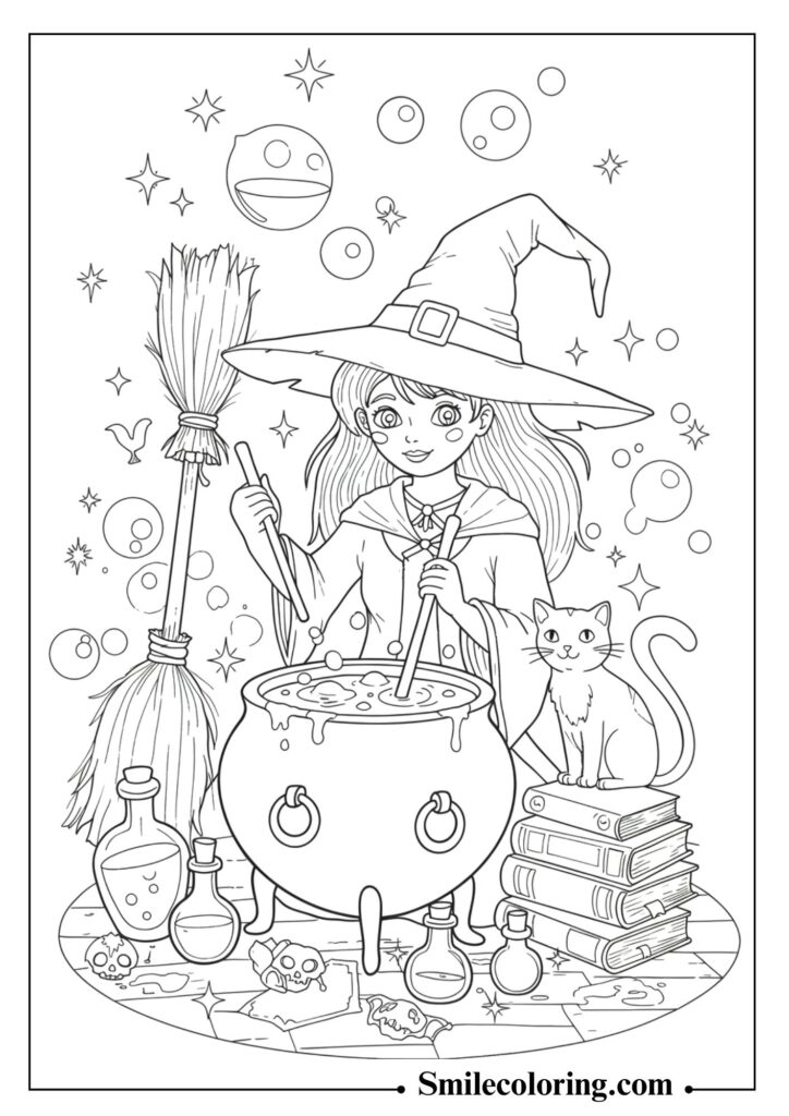 Witch with Her Cat and Potion Bottles