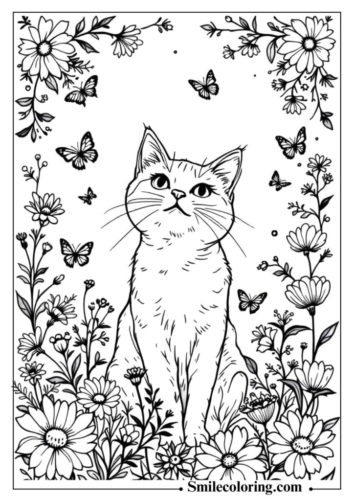 Cat with Flowers and Butterflies