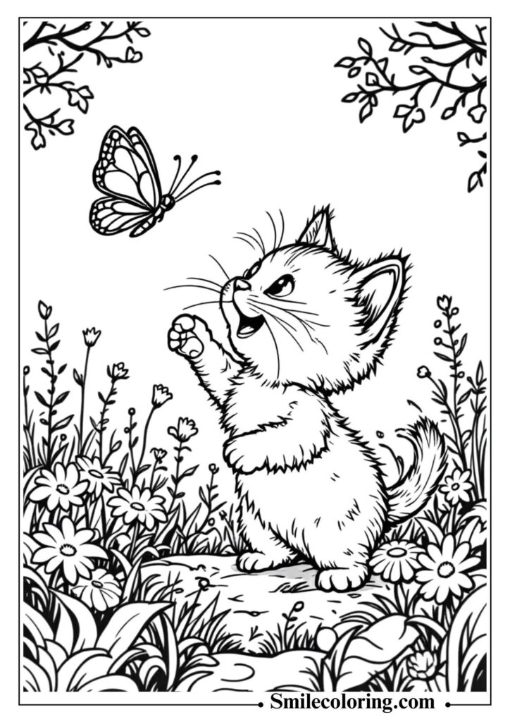 Playful Kitten Chasing Butterfly